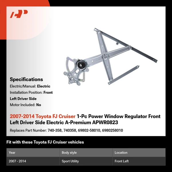 2007-2014 Toyota FJ Cruiser 1-Pc Power Window Regulator Front Left Driver Side Electric A-Premium APWR0823