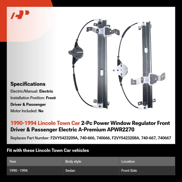 1990-1994 Lincoln Town Car 2-Pc Power Window Regulator Front Driver & Passenger Electric A-Premium APWR2270