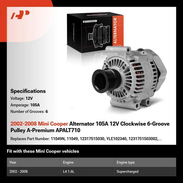 2002-2008 Mini Cooper Alternator 105A 12V Clockwise 6-Groove Pulley A-Premium APALT710
