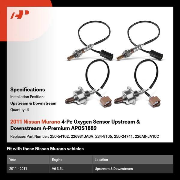 2011 Nissan Murano 4-Pc Oxygen Sensor Upstream & Downstream A-Premium APOS1889