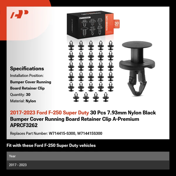 2017-2023 Ford F-250 Super Duty 30 Pcs 7.93mm Nylon Black Bumper Cover Running Board Retainer Clip A-Premium APRCF3262