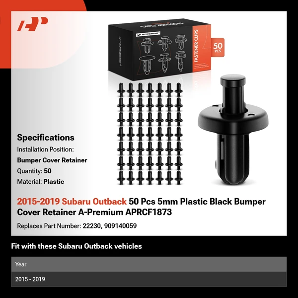 2015-2019 Subaru Outback 50 Pcs 5mm Plastic Black Bumper Cover Retainer A-Premium APRCF1873