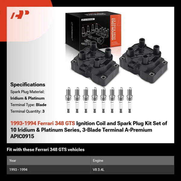 1993-1994 Ferrari 348 GTS Ignition Coil and Spark Plug Kit Set of 10 Iridium & Platinum Series, 3-Blade Terminal A-Premium APIC0915