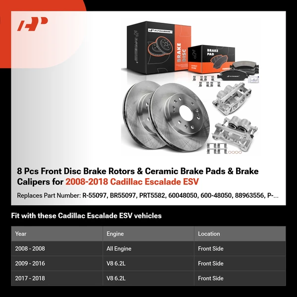 8 Pcs Front Disc Brake Rotors & Ceramic Brake Pads & Brake Calipers for 2008-2018 Cadillac Escalade ESV