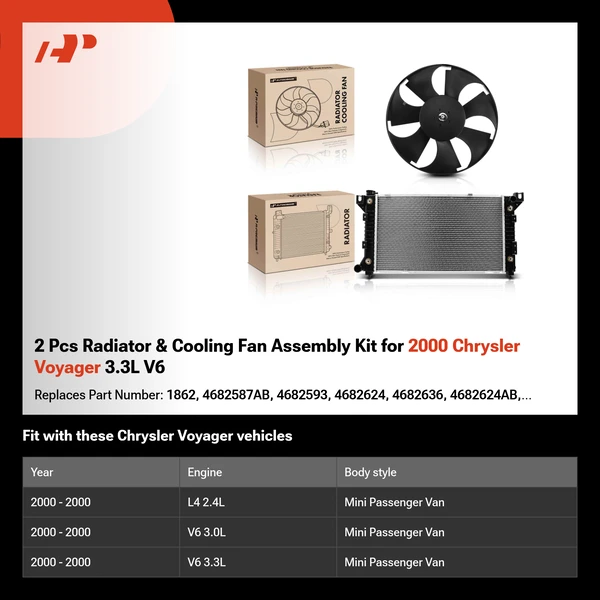 2 Pcs Radiator & Cooling Fan Assembly Kit for 2000 Chrysler Voyager 3.3L V6