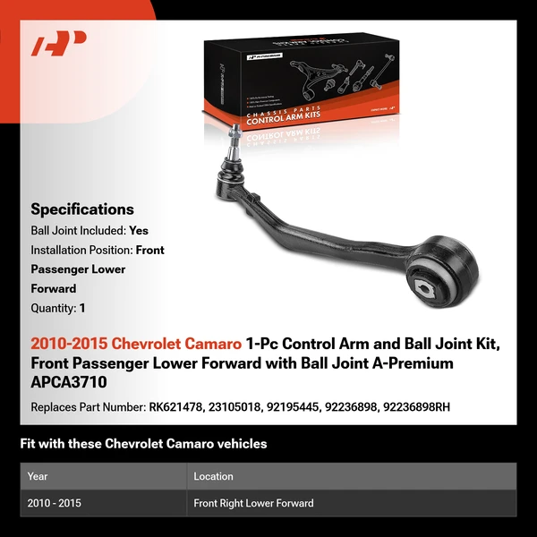 2010-2015 Chevrolet Camaro 1-Pc Control Arm and Ball Joint Kit, Front Passenger Lower Forward with Ball Joint A-Premium APCA3710