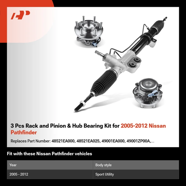 3 Pcs Rack and Pinion & Hub Bearing Kit for 2005-2012 Nissan Pathfinder