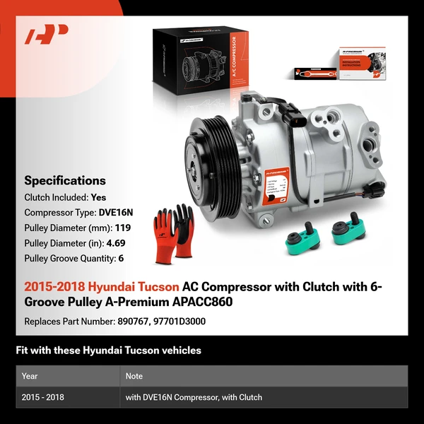 2015-2018 Hyundai Tucson AC Compressor with Clutch with 6-Groove Pulley A-Premium APACC860