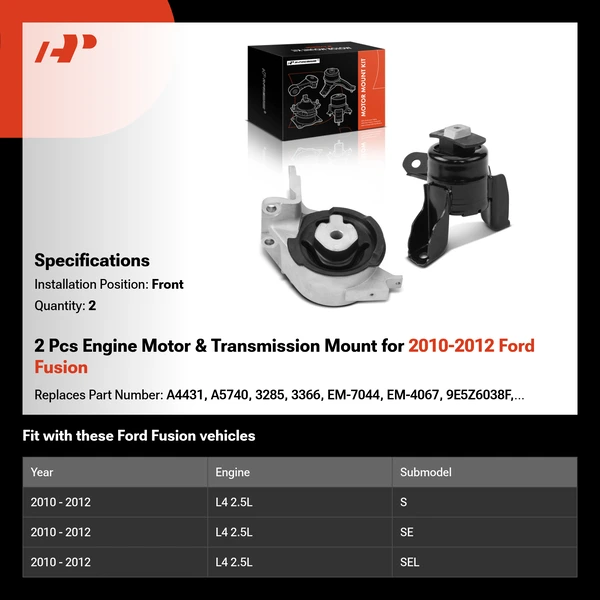 2 Pcs Engine Motor & Transmission Mount for 2010-2012 Ford Fusion