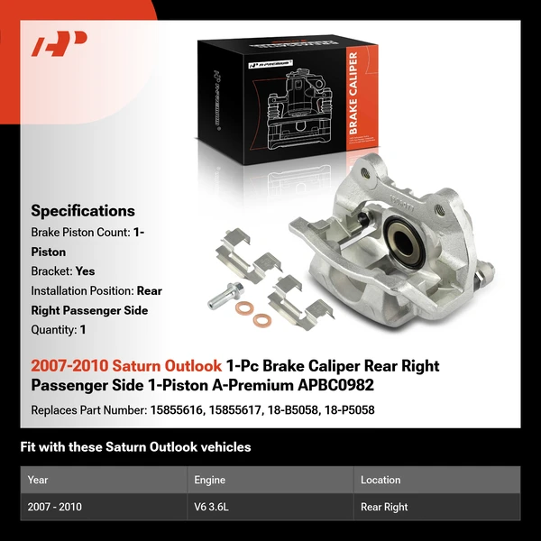 2007-2010 Saturn Outlook 1-Pc Brake Caliper Rear Right Passenger Side 1-Piston A-Premium APBC0982