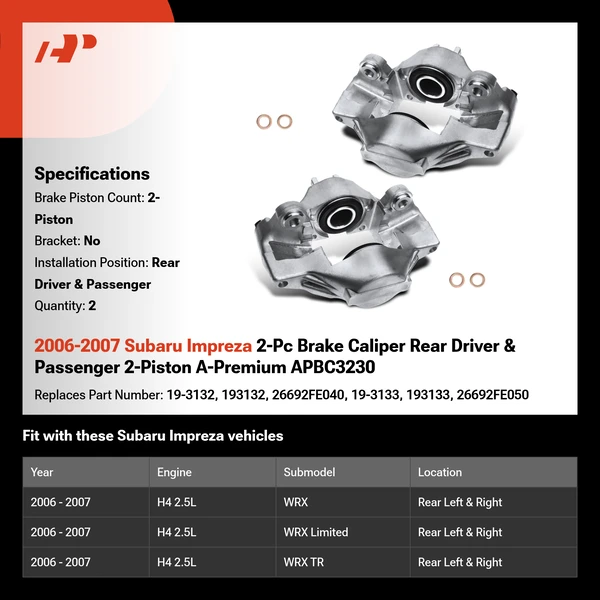 2006-2007 Subaru Impreza 2-Pc Brake Caliper Rear Driver & Passenger 2-Piston A-Premium APBC3230