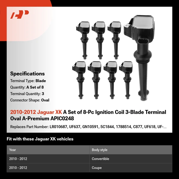 2010-2012 Jaguar XK A Set of 8-Pc Ignition Coil 3-Blade Terminal Oval A-Premium APIC0248