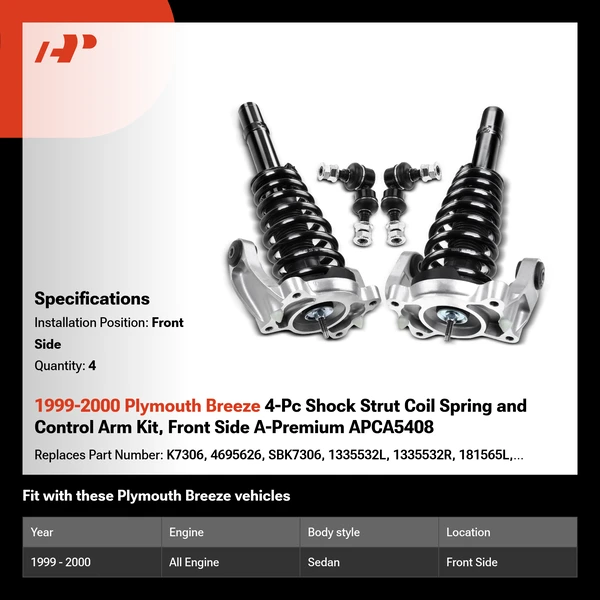 1999-2000 Plymouth Breeze 4-Pc Shock Strut Coil Spring and Control Arm Kit, Front Side A-Premium APCA5408