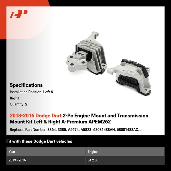 2013-2016 Dodge Dart 2-Pc Engine Mount and Transmission Mount Kit Left & Right A-Premium APEM262