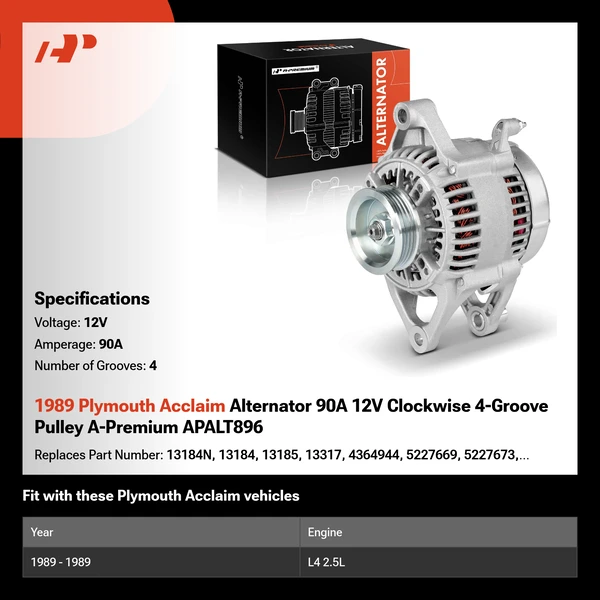1989 Plymouth Acclaim Alternator 90A 12V Clockwise 4-Groove Pulley A-Premium APALT896