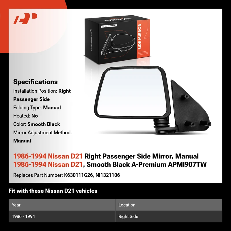 1986-1994 Nissan D21 Right Passenger Side Mirror, Manual 1986-1994 Nissan D21, Smooth Black A-Premium APMI907TW