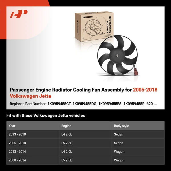 Passenger Engine Radiator Cooling Fan Assembly for 2005-2018 Volkswagen Jetta