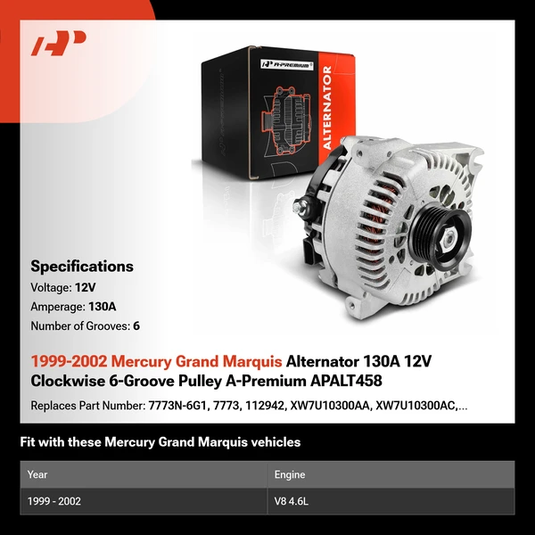 1999-2002 Mercury Grand Marquis Alternator 130A 12V Clockwise 6-Groove Pulley A-Premium APALT458