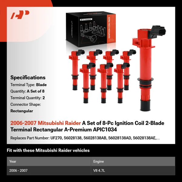 2006-2007 Mitsubishi Raider A Set of 8-Pc Ignition Coil 2-Blade Terminal Rectangular A-Premium APIC1034