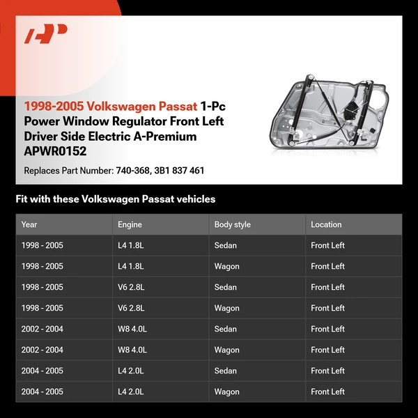 1998-2005 Volkswagen Passat 1-Pc Power Window Regulator Front Left Driver Side Electric A-Premium APWR0152