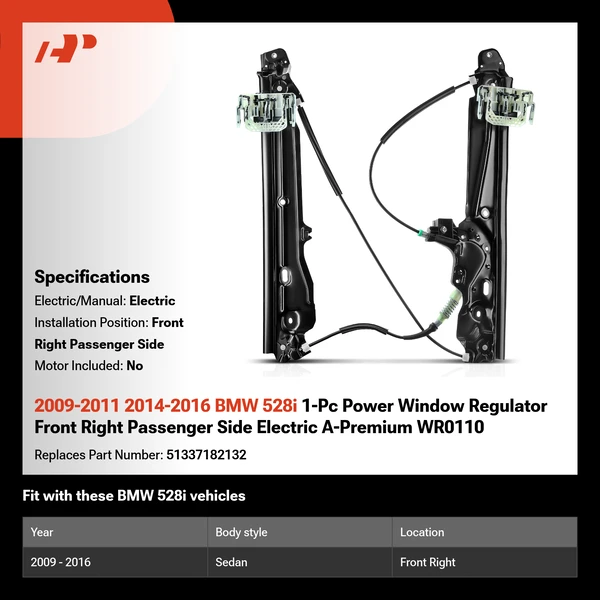 2009-2011 2014-2016 BMW 528i 1-Pc Power Window Regulator Front Right Passenger Side Electric A-Premium WR0110