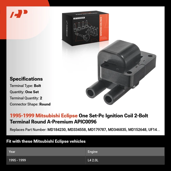 1995-1999 Mitsubishi Eclipse One Set-Pc Ignition Coil 2-Bolt Terminal Round A-Premium APIC0096