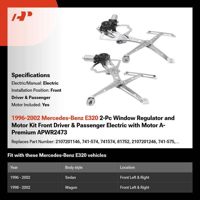 1996-2002 Mercedes-Benz E320 2-Pc Window Regulator and Motor Kit Front Driver & Passenger Electric with Motor A-Premium APWR2473