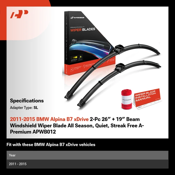 2011-2015 BMW Alpina B7 xDrive 2-Pc 26″ + 19″ Beam Windshield Wiper Blade All Season, Quiet, Streak Free A-Premium APWB012