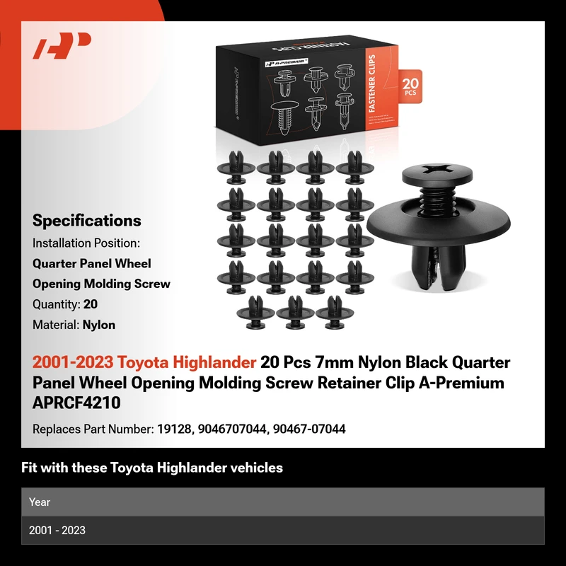 2001-2023 Toyota Highlander 20 Pcs 7mm Nylon Black Quarter Panel Wheel Opening Molding Screw Retainer Clip A-Premium APRCF4210