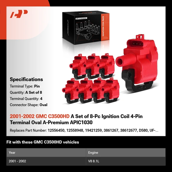 2001-2002 GMC C3500HD A Set of 8-Pc Ignition Coil 4-Pin Terminal Oval A-Premium APIC1030