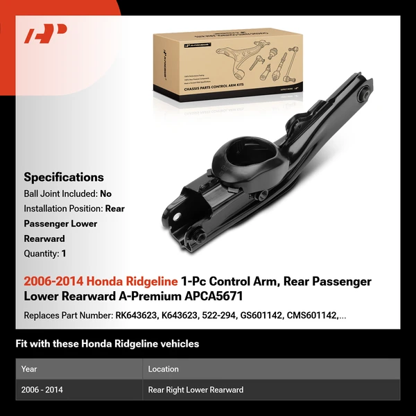 2006-2014 Honda Ridgeline 1-Pc Control Arm, Rear Passenger Lower Rearward A-Premium APCA5671