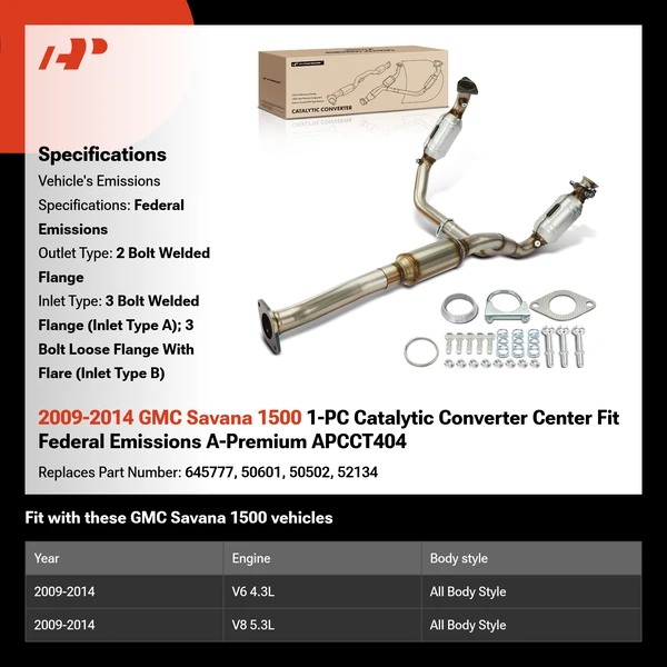 2009-2014 GMC Savana 1500 1-PC Catalytic Converter Center Fit Federal Emissions A-Premium APCCT404