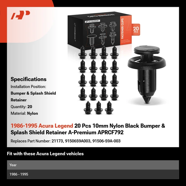 1986-1995 Acura Legend 20 Pcs 10mm Nylon Black Bumper & Splash Shield Retainer A-Premium APRCF792
