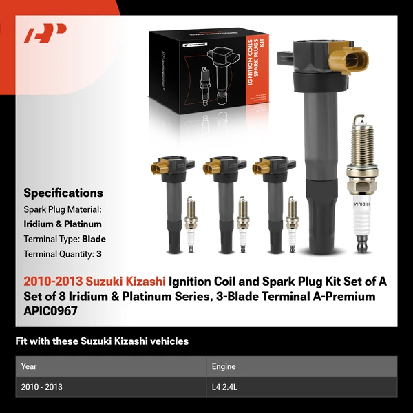 2010-2013 Suzuki Kizashi Ignition Coil and Spark Plug Kit Set of A Set of 8 Iridium & Platinum Series, 3-Blade Terminal A-Premium APIC0967