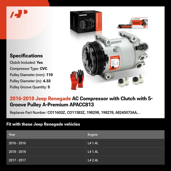 2016-2018 Jeep Renegade AC Compressor with Clutch with 5-Groove Pulley A-Premium APACC813