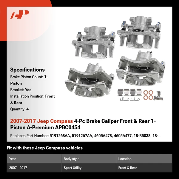 2007-2017 Jeep Compass 4-Pc Brake Caliper Front & Rear 1-Piston A-Premium APBC0454