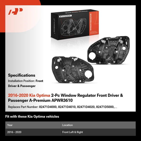2016-2020 Kia Optima 2-Pc Window Regulator Front Driver & Passenger A-Premium APWR3610