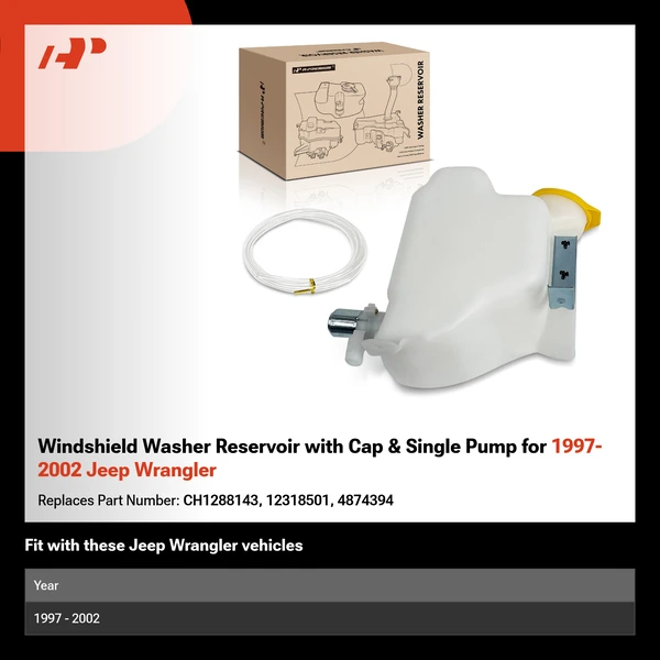 Windshield Washer Reservoir with Cap & Single Pump for 1997-2002 Jeep Wrangler