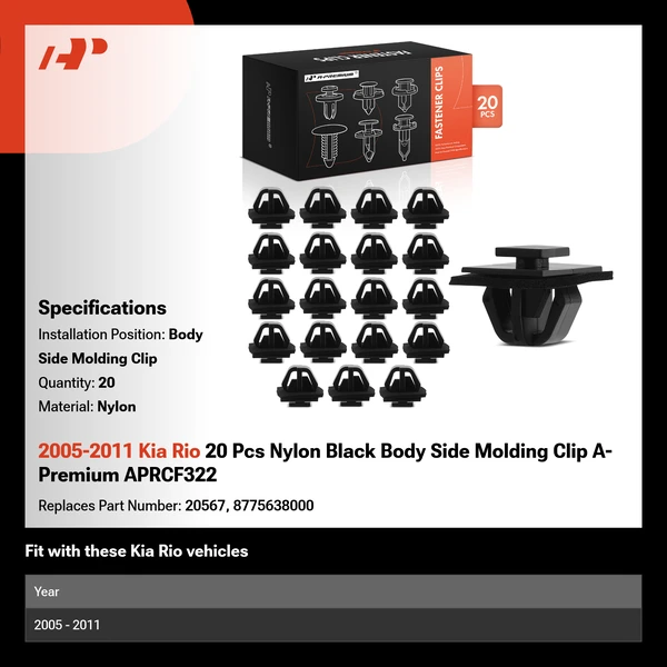 2005-2011 Kia Rio 20 Pcs Nylon Black Body Side Molding Clip A-Premium APRCF322