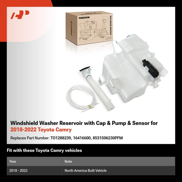 Windshield Washer Reservoir with Cap & Pump & Sensor for 2018-2022 Toyota Camry