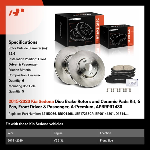 2015-2020 Kia Sedona Disc Brake Rotors and Ceramic Pads Kit, 6 Pcs, Front Driver & Passenger, A-Premium, APBRPR1430