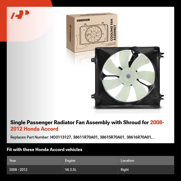 Single Passenger Radiator Fan Assembly with Shroud for 2008-2012 Honda Accord