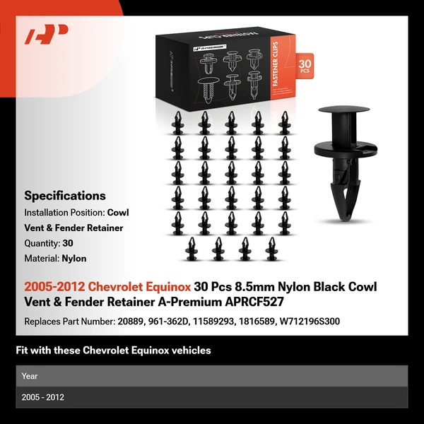 2005-2012 Chevrolet Equinox 30 Pcs 8.5mm Nylon Black Cowl Vent & Fender Retainer A-Premium APRCF527
