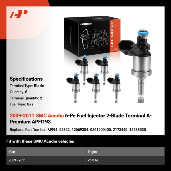 2009-2011 GMC Acadia 6-Pc Fuel Injector 2-Blade Terminal A-Premium APFI193