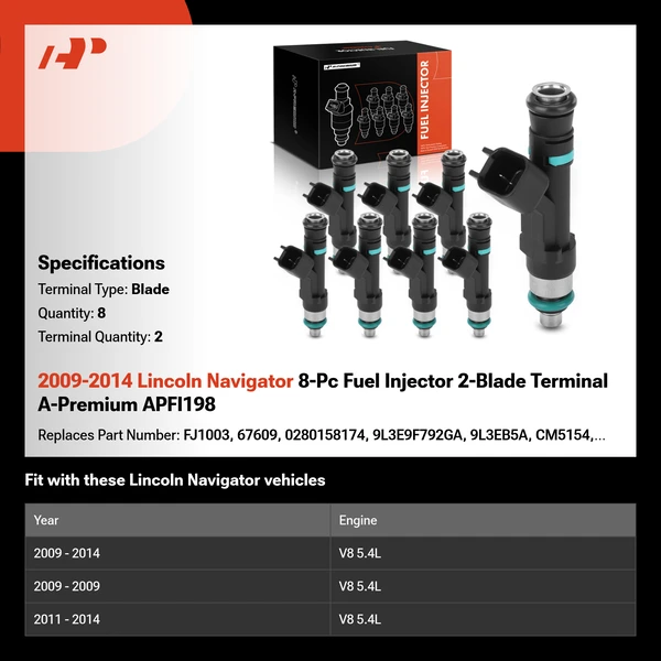 2009-2014 Lincoln Navigator 8-Pc Fuel Injector 2-Blade Terminal A-Premium APFI198