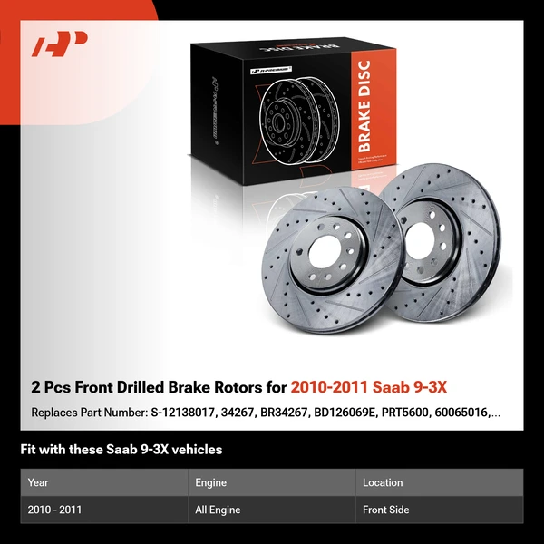 2 Pcs Front Drilled Brake Rotors for 2010-2011 Saab 9-3X
