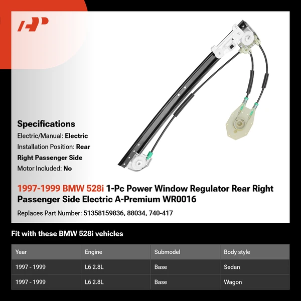 1997-1999 BMW 528i 1-Pc Power Window Regulator Rear Right Passenger Side Electric A-Premium WR0016