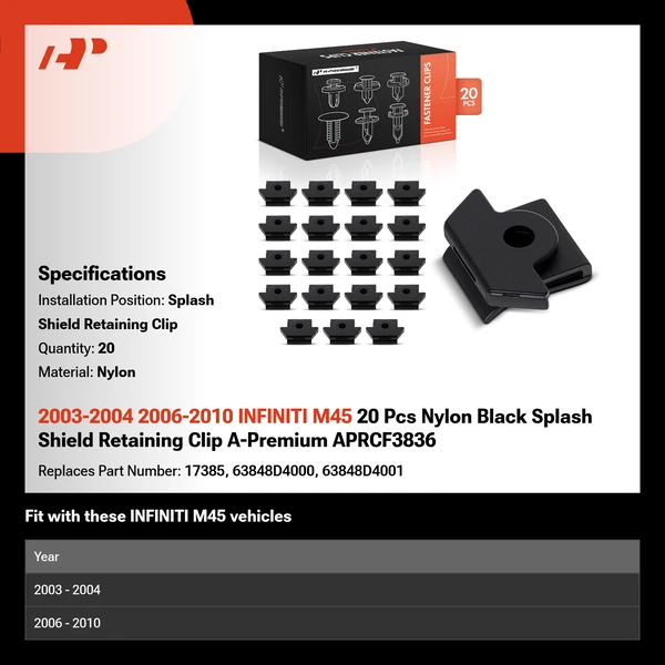 2003-2004 2006-2010 INFINITI M45 20 Pcs Nylon Black Splash Shield Retaining Clip A-Premium APRCF3836