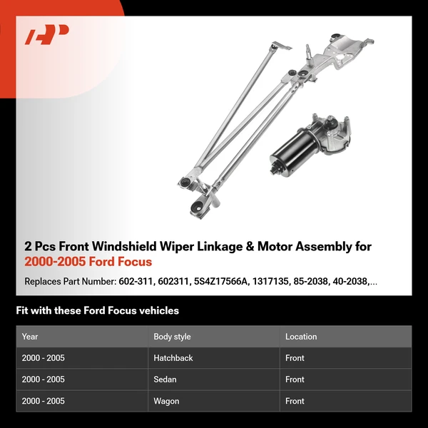 2 Pcs Front Windshield Wiper Linkage & Motor Assembly for 2000-2005 Ford Focus