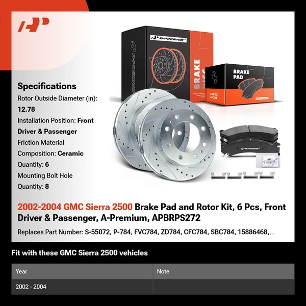 2002-2004 GMC Sierra 2500 Brake Pad and Rotor Kit, 6 Pcs, Front Driver & Passenger, A-Premium, APBRPS272